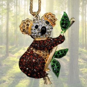 Koala  Bear Necklace Holding a Branch with Leaves Crystals Rhinestones